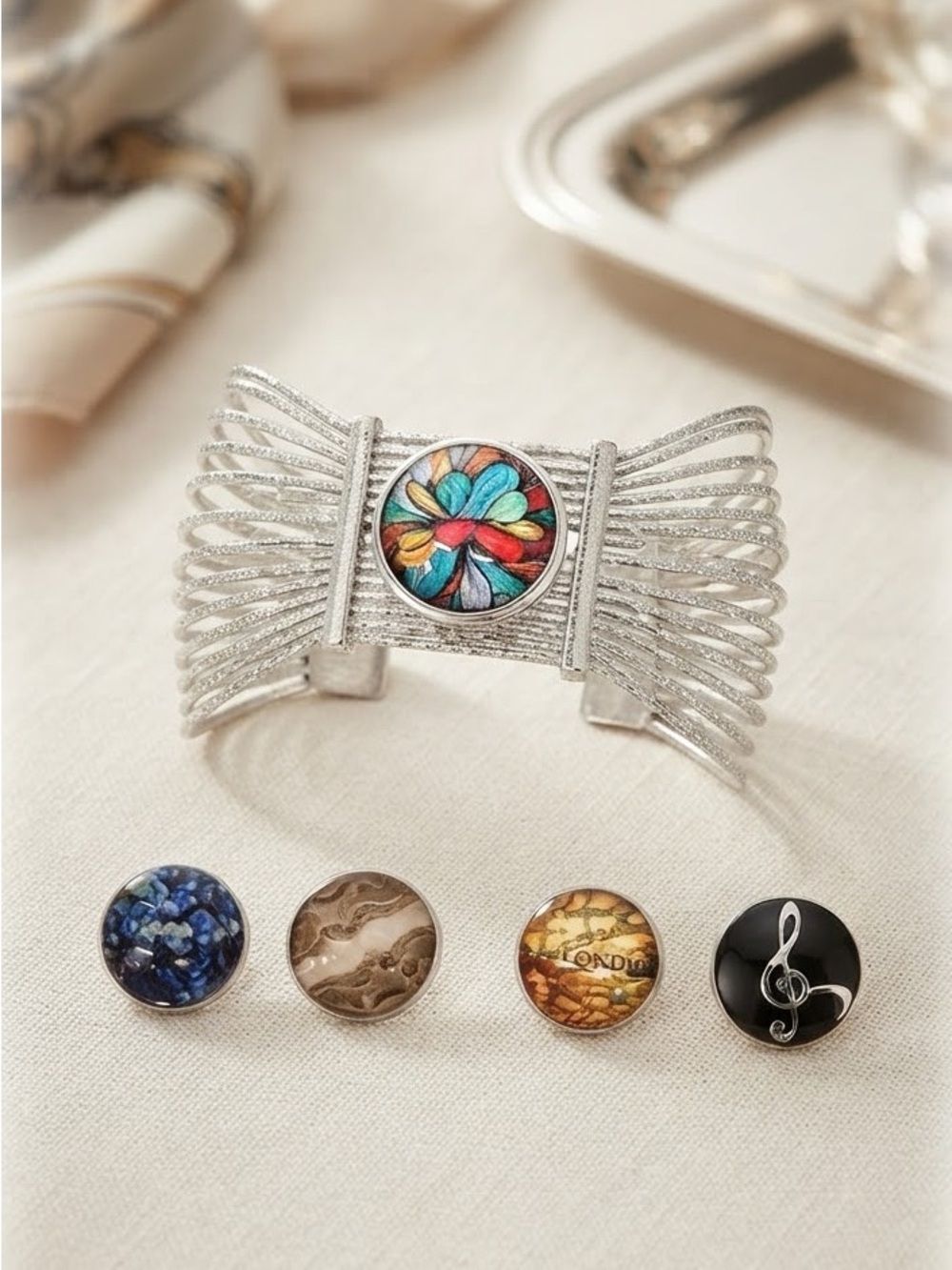 Silver Tone Fan Bow Cuff Bracelet with 5 Interchangeable Snap Medallions